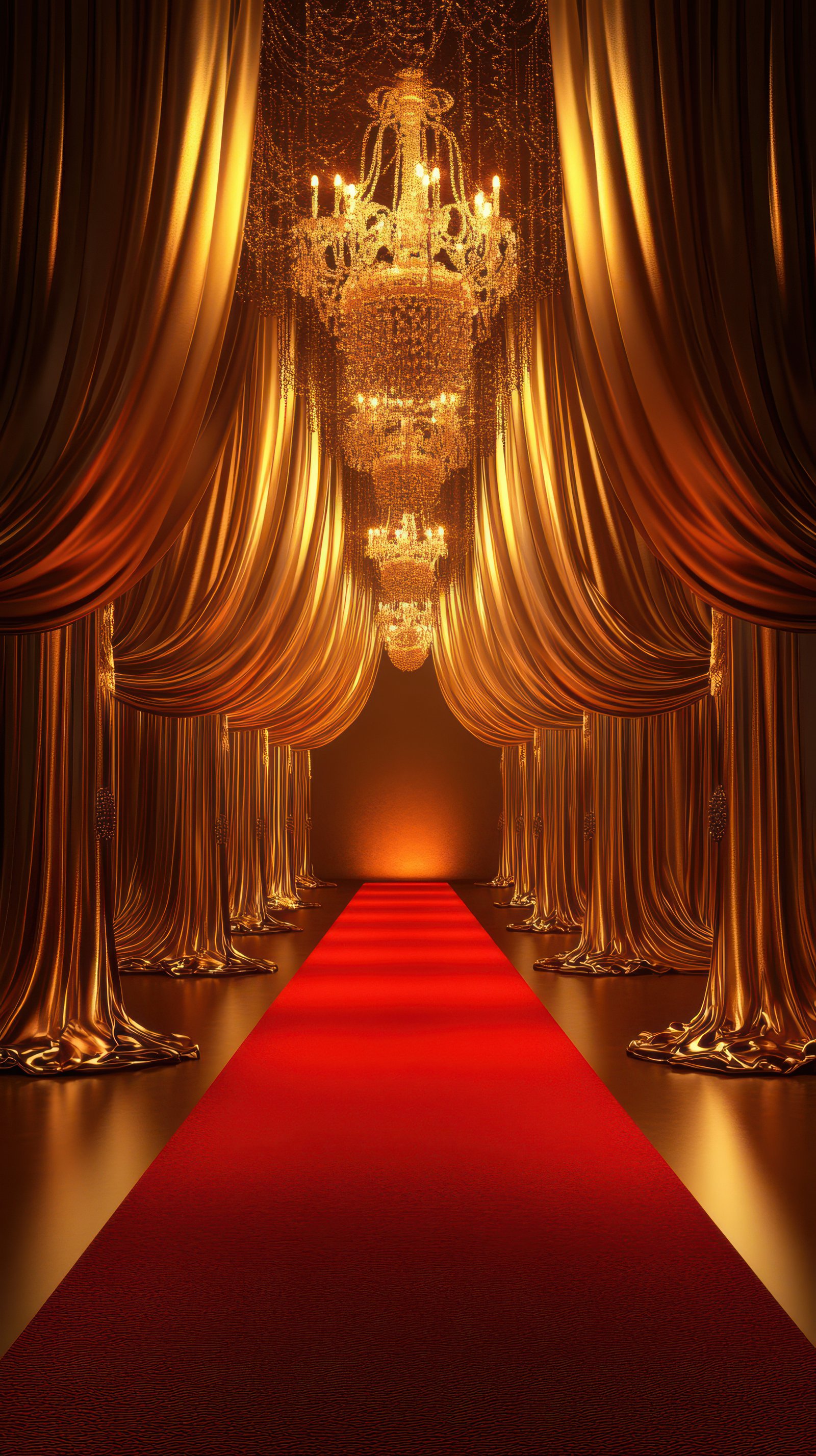 Elegant red carpet entrance with luxurious golden drapes and chandeliers setting a glamorous atmosphere for an event